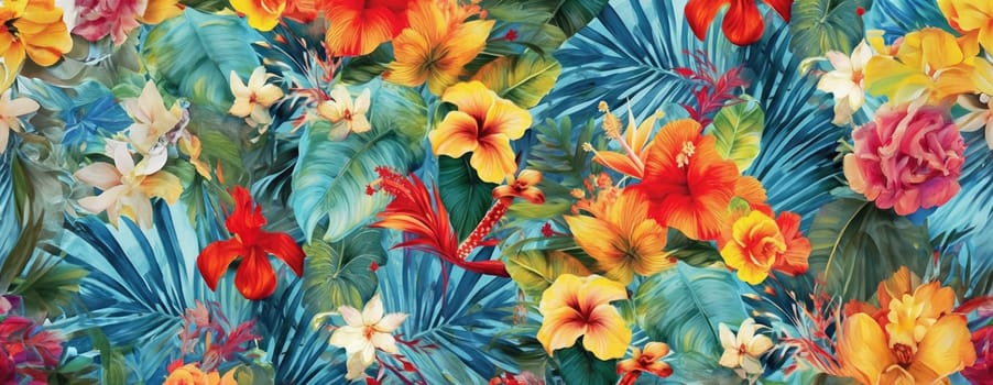 Tropical exotic pattern with animal and flowers in bright colors and lush vegetation. Ai Generative