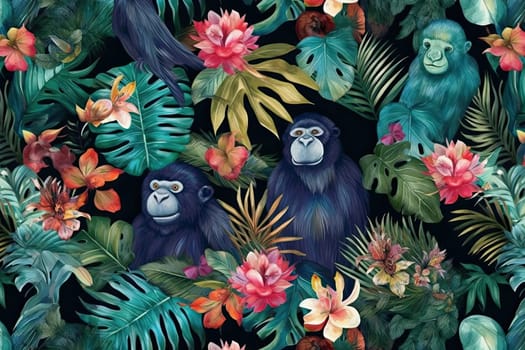 Tropical exotic pattern with animal and flowers in bright colors and lush vegetation. Ai Generative