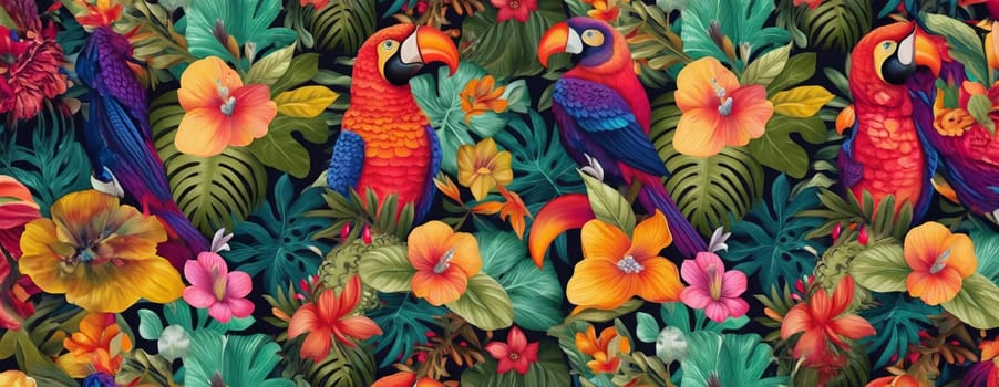 Tropical exotic pattern with animal and flowers in bright colors and lush vegetation. Ai Generative