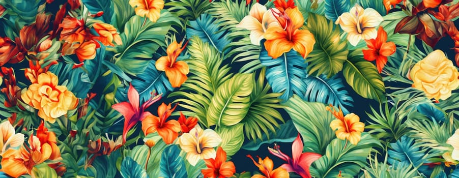 Tropical exotic pattern with animal and flowers in bright colors and lush vegetation. Ai Generative