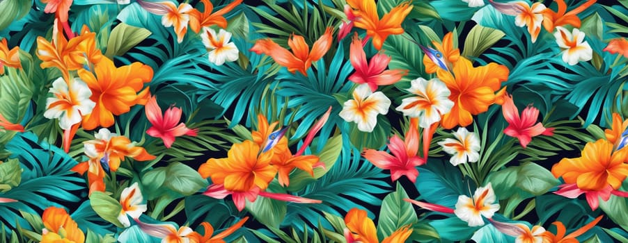 Tropical exotic pattern with animal and flowers in bright colors and lush vegetation. Ai Generative