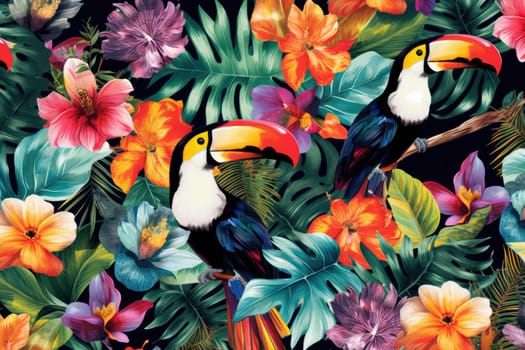 Tropical exotic pattern with animal and flowers in bright colors and lush vegetation. Ai Generative