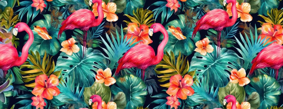 Tropical exotic pattern with animal and flowers in bright colors and lush vegetation. Ai Generative