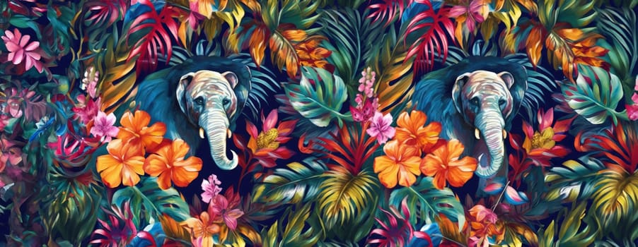 Tropical exotic pattern with animal and flowers in bright colors and lush vegetation. Ai Generative