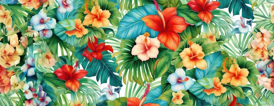 Tropical exotic pattern with animal and flowers in bright colors and lush vegetation. Ai Generative