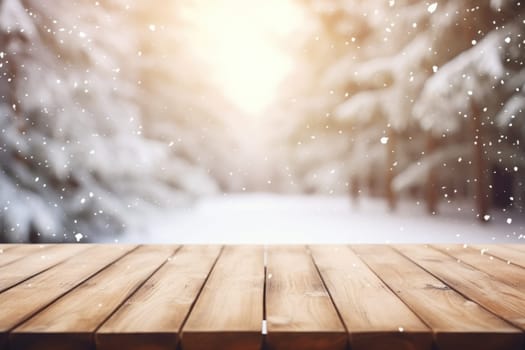 Empty table in beautiful winter landscape, wood plank board in snow mountain outdoor comeliness