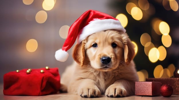 Adorable dog wearing Santa hats at room decorated for Christmas comeliness