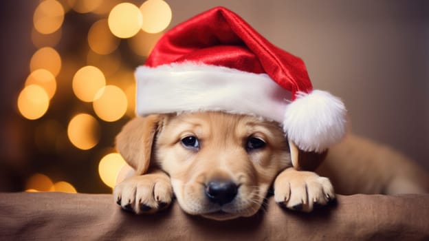 Adorable dog wearing Santa hats at room decorated for Christmas comeliness