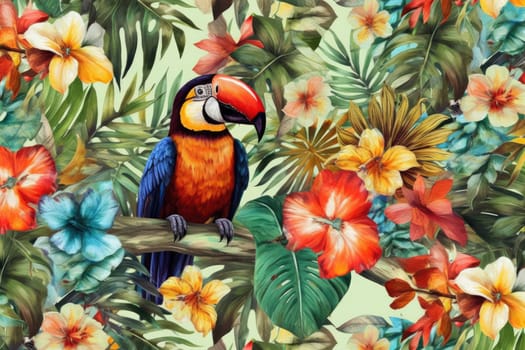 Tropical exotic pattern with animal and flowers in bright colors and lush vegetation. Ai Generative