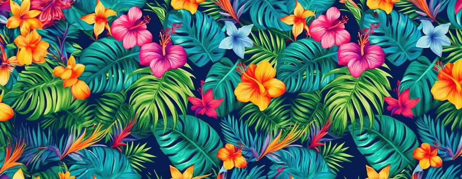 Tropical exotic pattern with animal and flowers in bright colors and lush vegetation. Ai Generative