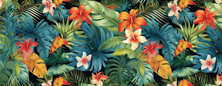 Tropical exotic pattern with animal and flowers in bright colors and lush vegetation. Ai Generative