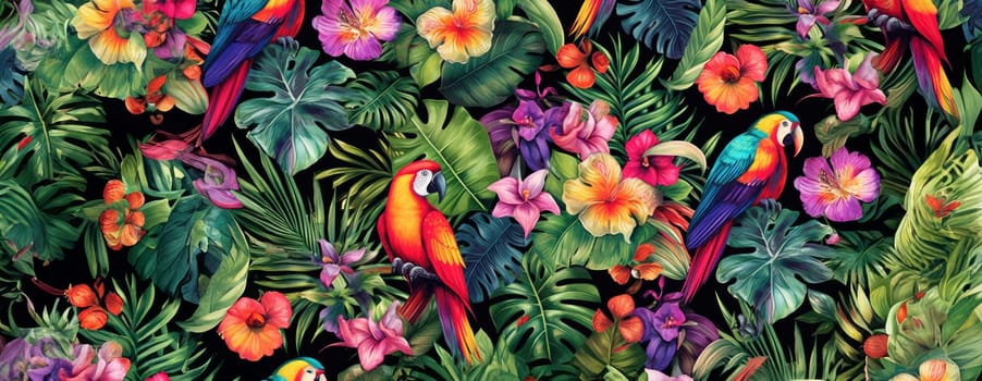 Tropical exotic pattern with animal and flowers in bright colors and lush vegetation. Ai Generative