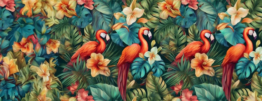 Tropical exotic pattern with animal and flowers in bright colors and lush vegetation. Ai Generative