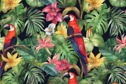 Tropical exotic pattern with animal and flowers in bright colors and lush vegetation. Ai Generative