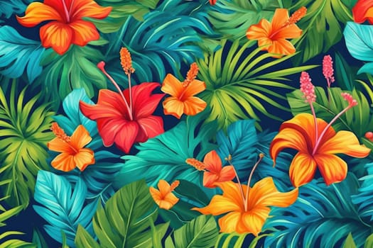 Tropical exotic pattern with animal and flowers in bright colors and lush vegetation. Ai Generative