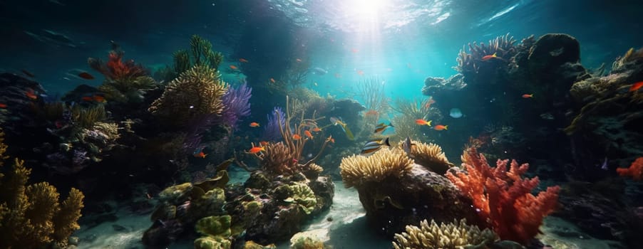 Tropical sea underwater fishes on coral reef. Aquarium oceanarium wildlife colorful marine panorama landscape nature snorkel diving. AI Generative