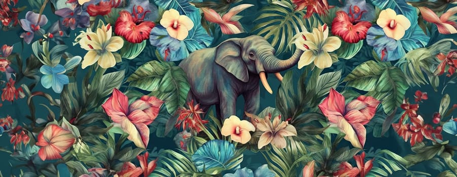 Tropical exotic pattern with animal and flowers in bright colors and lush vegetation. Ai Generative