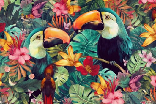 Tropical exotic pattern with animal and flowers in bright colors and lush vegetation. Ai Generative