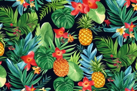 Tropical exotic pattern with animal and flowers in bright colors and lush vegetation. Ai Generative