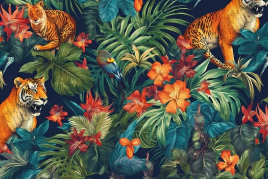 Tropical exotic pattern with animal and flowers in bright colors and lush vegetation. Ai Generative