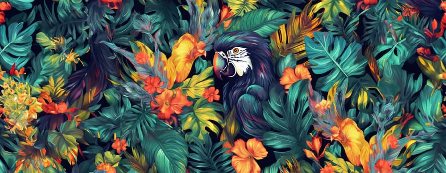 Tropical exotic pattern with animal and flowers in bright colors and lush vegetation. Ai Generative