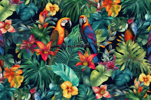 Tropical exotic pattern with animal and flowers in bright colors and lush vegetation. Ai Generative