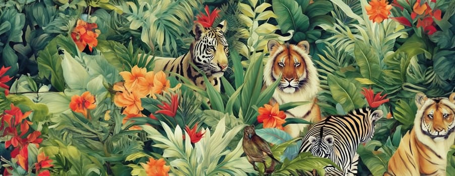 Tropical exotic pattern with animal and flowers in bright colors and lush vegetation. Ai Generative