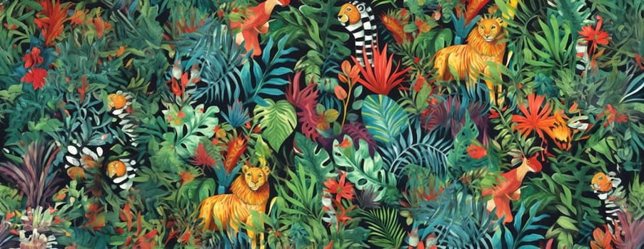 Tropical exotic pattern with animal and flowers in bright colors and lush vegetation. Ai Generative