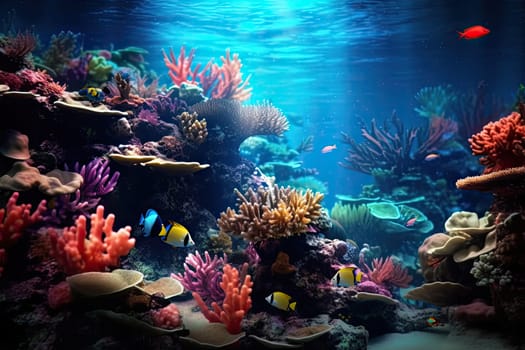 Tropical sea underwater fishes on coral reef. Aquarium oceanarium wildlife colorful marine panorama landscape nature snorkel diving. AI Generative