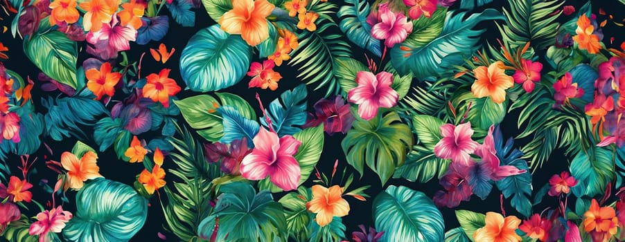 Tropical exotic pattern with animal and flowers in bright colors and lush vegetation. Ai Generative