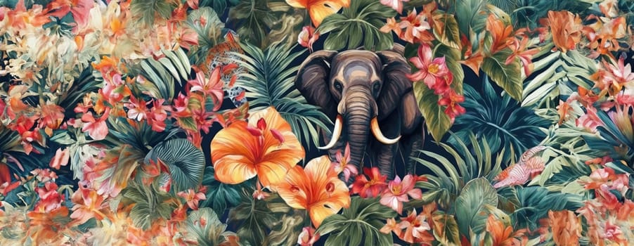 Tropical exotic pattern with animal and flowers in bright colors and lush vegetation. Ai Generative