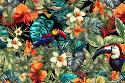 Tropical exotic pattern with animal and flowers in bright colors and lush vegetation. Ai Generative