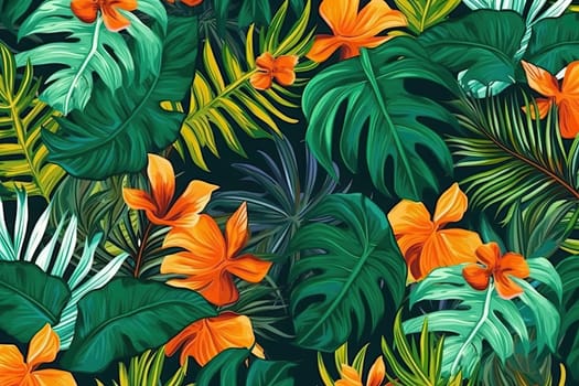 Tropical exotic pattern with animal and flowers in bright colors and lush vegetation. Ai Generative