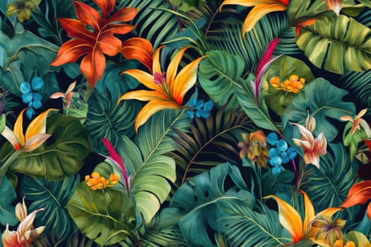 Tropical exotic pattern with animal and flowers in bright colors and lush vegetation. Ai Generative