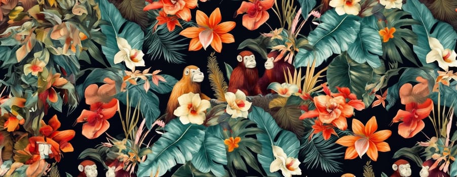 Tropical exotic pattern with animal and flowers in bright colors and lush vegetation. Ai Generative