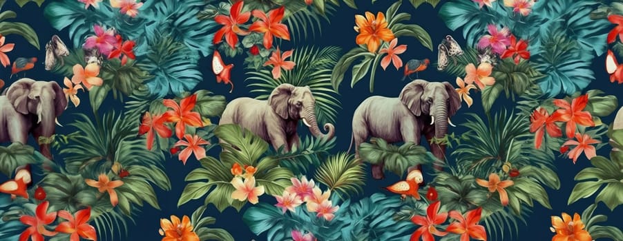 Tropical exotic pattern with animal and flowers in bright colors and lush vegetation. Ai Generative