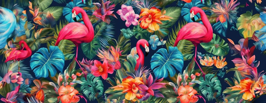 Tropical exotic pattern with animal and flowers in bright colors and lush vegetation. Ai Generative