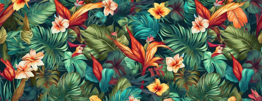 Tropical exotic pattern with animal and flowers in bright colors and lush vegetation. Ai Generative