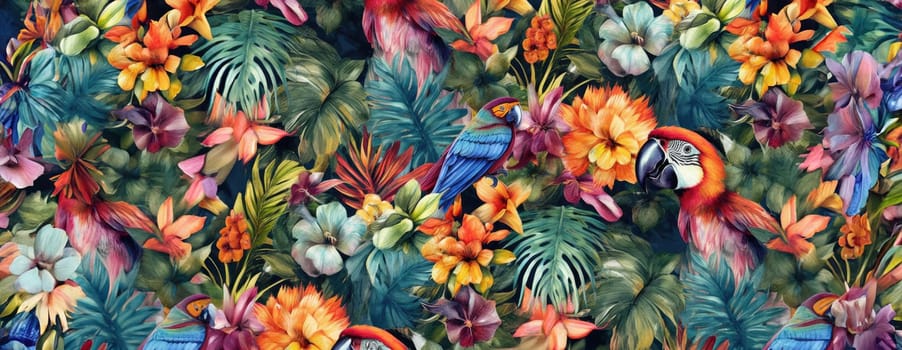 Tropical exotic pattern with animal and flowers in bright colors and lush vegetation. Ai Generative