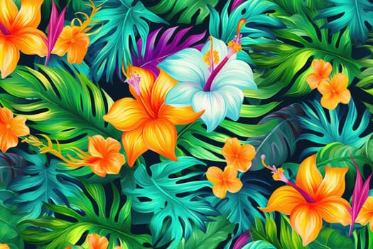 Tropical exotic pattern with animal and flowers in bright colors and lush vegetation. Ai Generative