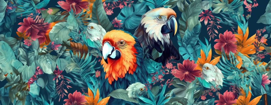 Tropical exotic pattern with animal and flowers in bright colors and lush vegetation. Ai Generative