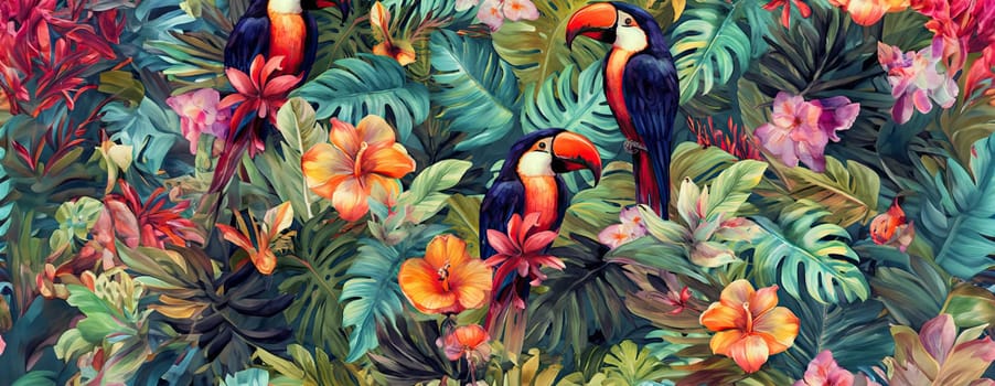 Tropical exotic pattern with animal and flowers in bright colors and lush vegetation. Ai Generative