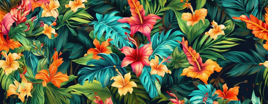 Tropical exotic pattern with animal and flowers in bright colors and lush vegetation. Ai Generative