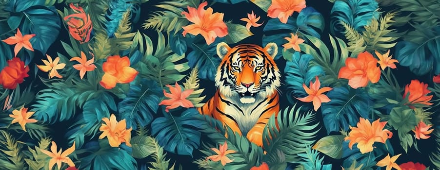 Tropical exotic pattern with animal and flowers in bright colors and lush vegetation. Ai Generative