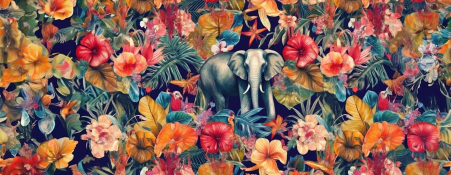 Tropical exotic pattern with animal and flowers in bright colors and lush vegetation. Ai Generative