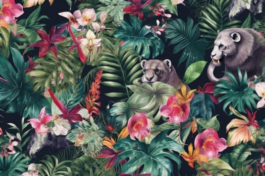 Tropical exotic pattern with animal and flowers in bright colors and lush vegetation. Ai Generative