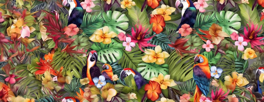 Tropical exotic pattern with animal and flowers in bright colors and lush vegetation. Ai Generative