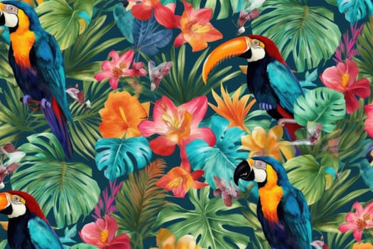 Tropical exotic pattern with animal and flowers in bright colors and lush vegetation. Ai Generative