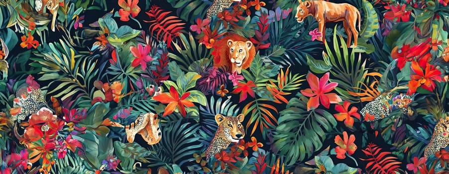 Tropical exotic pattern with animal and flowers in bright colors and lush vegetation. Ai Generative