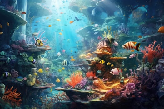 Tropical sea underwater fishes on coral reef. Aquarium oceanarium wildlife colorful marine panorama landscape nature snorkel diving. AI Generative